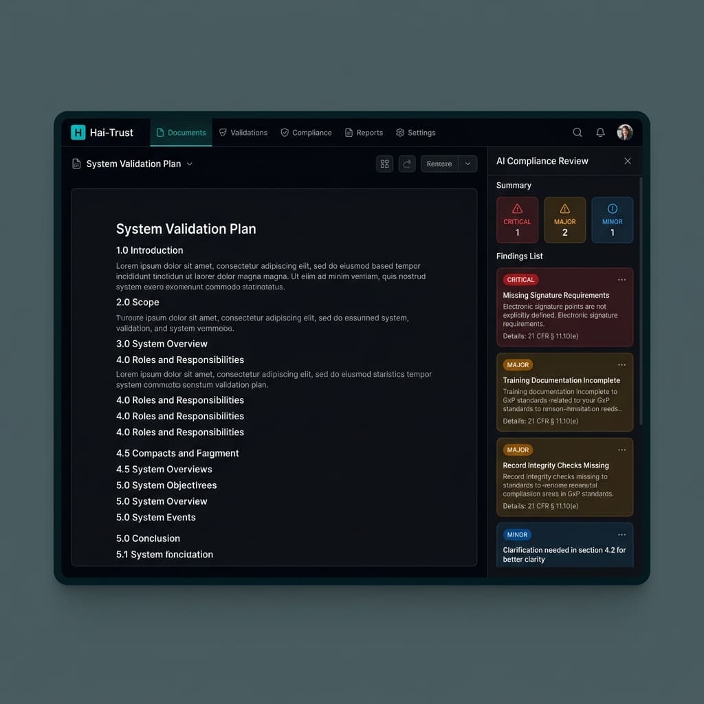 AI compliance review panel showing findings with severity badges