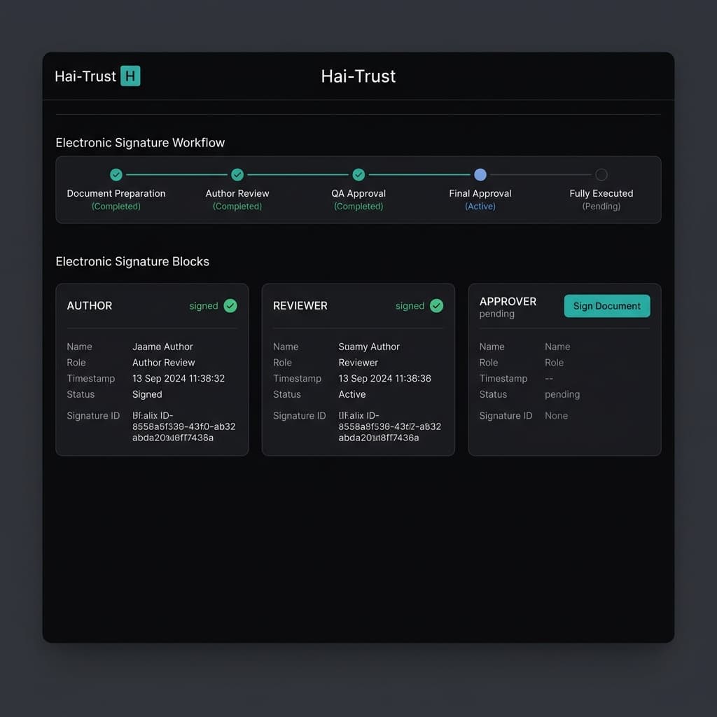 Electronic signature workflow with approval stages and signature blocks
